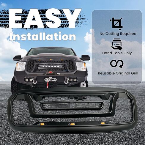 Front Bumper Upper Grille Compatible with 2013-2018 Dodge Ram 1500, 2019-2023 Ram 1500 Classic, Matte Black ABS Replacement Radiator Grill w/Off-Road Lights in Saudi Arabia