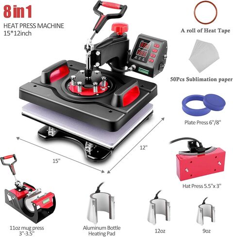Heat Press 8 in 1, Pro Heat Transfer Machine 12"X15", Digital 360° Swing Away Tshirt Press Machine Combo, t Shirt Maker Printing Sublimation Heat Press Machine for T-Shirts Hat/Cap Mug Plate in Kuwait