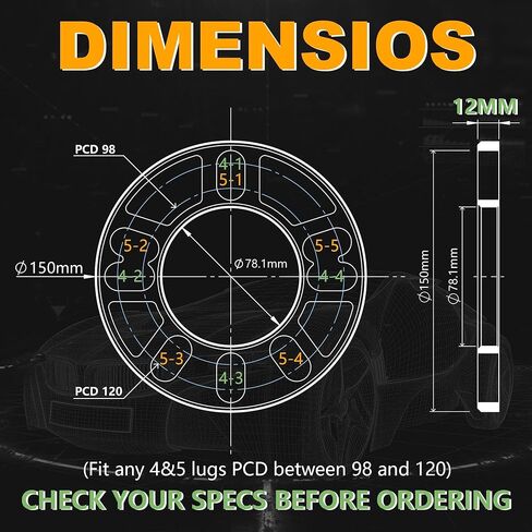 BRONEVO 4pc 1/2" (12mm) Universal Wheel Spacers for 4 & 5 Lug - Fits 98 to 120mm Patterns (4x100 5x114.3 5x120 & More) - ID 78.1mm OD 150mm Die-Cast Aluminum in Saudi Arabia