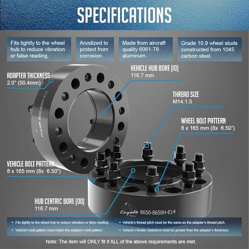 Wheel Accessories Parts 2 Pcs Hub Centric Wheel Spacers 8 on 6.50 2.00 Inch Thick 116.7mm Hub M14x1.5 14x1.5 Thread Stud Fits Chevy Silverado 2500 3500 GMC Sierra 2500 3500 SRW ｜DRW Front Only in Kuwait