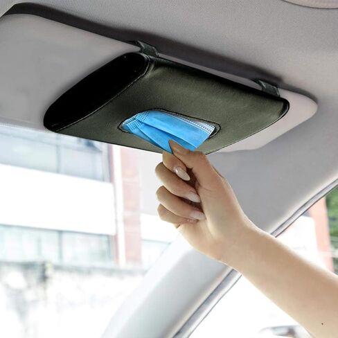Leather Tissue Holder, Mask Holder, Rectangular Sun Visor Napkin, Mask Dispenser, Premium Car Tissue Box for car, Vehicle (Black) in Saudi Arabia