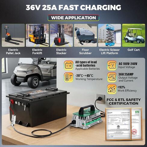 36V Forklift Battery Charger with 8 Protections 1250W 25AMP 36V Forklift Charger IP67 Waterproof Fully Automatic Smart Fasting Charging with 16ft Cable,for Floor Washers, Sightseeing Cars, Golf Carts in Saudi Arabia