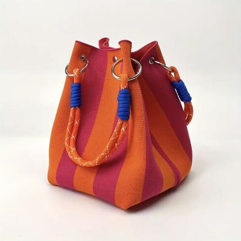 Vintage Floral Knit Tote - Color-Block Buckle Bag, Durable Polyester w/Fixed Strap for Work & Commute in Saudi Arabia