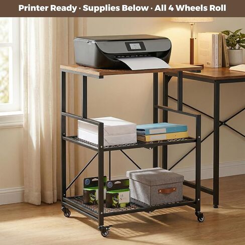 DEANIC Heavy Duty 3-Tier Printer Stand with Locking Wheels, 23.6 x 18.9 x 30 Inches Folding Printer Table with Storage, Large Printer Table Shelf, Easy Assembly for Home Office, Black in Saudi Arabia