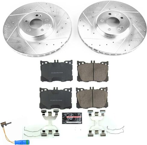 طقم فرامل أمامية PowerStop لسيارة Mercedes-Benz C43 AMG 2017-23 |C450 AMG 2016 |CLS450 2019-22 |E300 2017-19 - دوارات قرصية محفورة ومشقوقة مع استبدال وسادات فرامل سيراميك من ألياف الكربون، K7986 in Kuwait