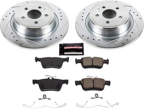 طقم فرامل خلفية PowerStop لسيارة Ford Edge 2015-21 |Fusion 2017-19 |Police Responder Hybrid 2019-20 - دوارات قرصية محفورة ومشقوقة مع استبدال وسادات فرامل سيراميك من ألياف الكربون، K7417 in Kuwait