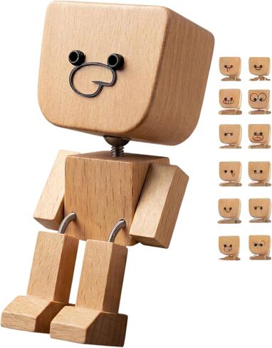 Shaking Wooden Man with 12 Magnetic Mood Faces - Handmade Wooden Bobblehead Fidget Desk Toy, Funny Car Dashboard Decor, Office Stress Relief Gift, White Elephant Gift Ideas for Men Women Coworkers in Kuwait