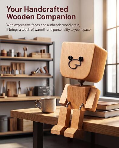 Shaking Wooden Man with 12 Magnetic Mood Faces - Handmade Wooden Bobblehead Fidget Desk Toy, Funny Car Dashboard Decor, Office Stress Relief Gift, White Elephant Gift Ideas for Men Women Coworkers in Kuwait