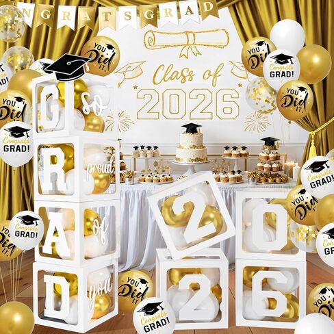 2026 Graduation Decorations - Black Balloon Boxes with Letters 2026 Grad & So Proud of You and Black White Gold Print Balloons, Graduation Party Decorations Class of 2026 for Any Grades(Black) in Saudi Arabia