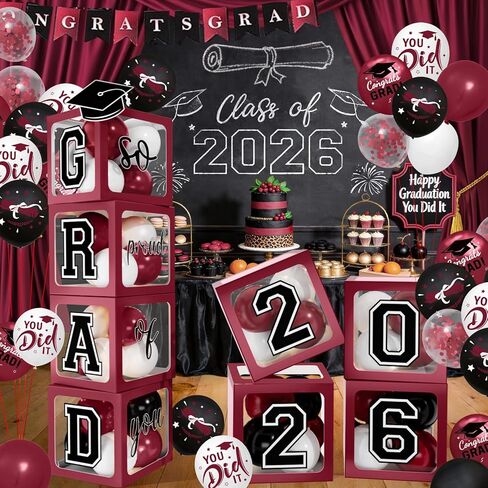 2026 Graduation Decorations - Black Balloon Boxes with Letters 2026 Grad & So Proud of You and Black White Gold Print Balloons, Graduation Party Decorations Class of 2026 for Any Grades(Black) in Saudi Arabia