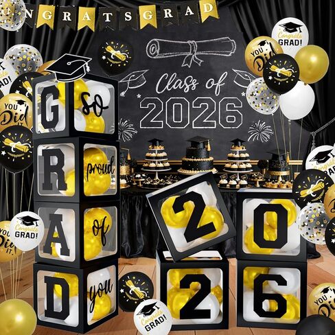 2026 Graduation Decorations - Black Balloon Boxes with Letters 2026 Grad & So Proud of You and Black White Gold Print Balloons, Graduation Party Decorations Class of 2026 for Any Grades(Black) in Saudi Arabia