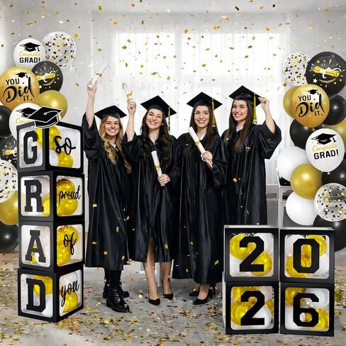 2026 Graduation Decorations - Black Balloon Boxes with Letters 2026 Grad & So Proud of You and Black White Gold Print Balloons, Graduation Party Decorations Class of 2026 for Any Grades(Black) in Saudi Arabia