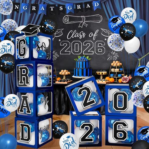 2026 Graduation Decorations - Black Balloon Boxes with Letters 2026 Grad & So Proud of You and Black White Gold Print Balloons, Graduation Party Decorations Class of 2026 for Any Grades(Black) in Saudi Arabia