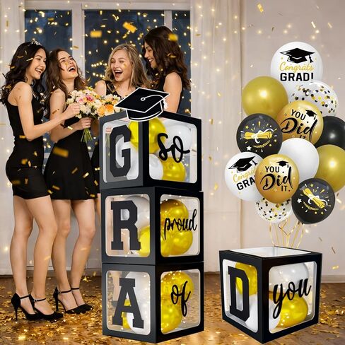 2026 Graduation Decorations - Black Balloon Boxes with Letters 2026 Grad & So Proud of You and Black White Gold Print Balloons, Graduation Party Decorations Class of 2026 for Any Grades(Black) in Saudi Arabia
