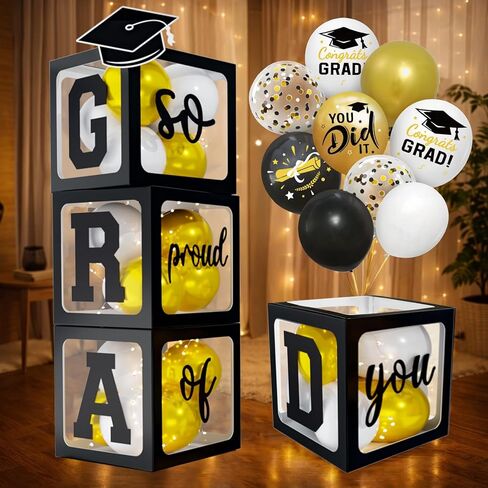 2026 Graduation Decorations - Black Balloon Boxes with Letters 2026 Grad & So Proud of You and Black White Gold Print Balloons, Graduation Party Decorations Class of 2026 for Any Grades(Black) in Saudi Arabia