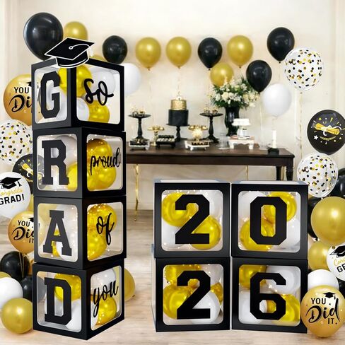 2026 Graduation Decorations - Black Balloon Boxes with Letters 2026 Grad & So Proud of You and Black White Gold Print Balloons, Graduation Party Decorations Class of 2026 for Any Grades(Black) in Saudi Arabia