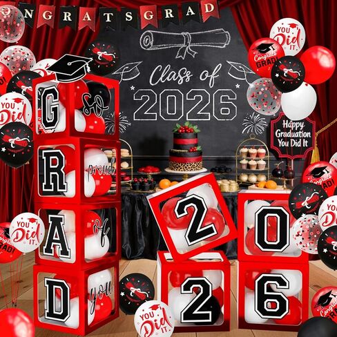 2026 Graduation Decorations - Black Balloon Boxes with Letters 2026 Grad & So Proud of You and Black White Gold Print Balloons, Graduation Party Decorations Class of 2026 for Any Grades(Black) in Saudi Arabia