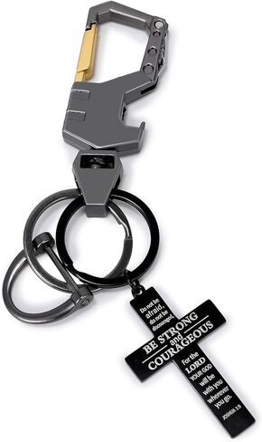 Cross Keychain with Bible Verse and Heavy Duty Carabiner Bottle Opener Keychain Set with Anti-Loss D-rings – Gunmetal Gray for Men, Women in Saudi Arabia
