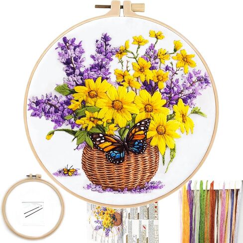 FONNUY Bouquet Flowers Embroidery Kit, Pre-Stamped Colorful Floral Patterns Kits for Adults and Beginners, Handmade Crafts Set, Color Thread Needlework, 8'' Hoop (Sunflower Blooms) in Saudi Arabia