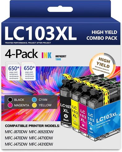 LC103XL LC103 103 Ink Cartridges High Yield Replacement for Brother LC103 XL LC103 LC101 Ink Work with MFC-J870DW MFC-J6920DW MFC-J6520DW MFC-J450DW MFC-J470DW(2 Black, 1 Cyan, 1 Magenta, 1 Yellow) in Saudi Arabia