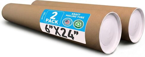 MagicWater Supply 6x24 Inch Kraft Mailing Tubes with End Caps, Heavy Duty Round Shipping Tubes for Large Posters, Blueprints, Art, Crafts and Documents - Durable, Recyclable - 2 Pack, Made in the USA in Saudi Arabia