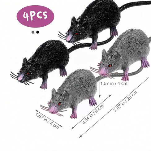 4 PCS Small Fake Rat Toy, Plastic Mouse Toys Realistic Rat Prank Props for April Fool's Day Party Supplies, 8.65X1.77X1.38in (Black, Gray) in Saudi Arabia