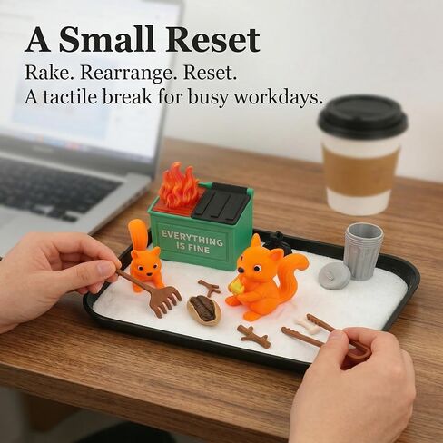 Dumpster Fire Zen Garden for Desk - Squirrel Edition Funny Office Desk Accessories - White Elephant Gag Gifts for Coworkers, Boss, Men & Women - Mini Sand Tray Stress Relief Decor (14+) in Kuwait