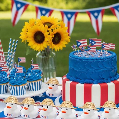 Foilswirl 24 Set Puerto Rico Rubber Ducks with Mini Straw Hats Tiny Puerto Rico Flag Souvenir Ducks Bulk Red Blue and White Figurines for Cultural Event Holiday Toy DIY Gift Party Decoration in Saudi Arabia