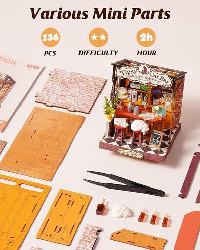 طقم مصغر من Rolife DIY، قالب صغير لبيت الدمى للقطط، تزيين رف الكتب الصغير لنمط الحياة Miniverse، هوايات DIY للحرفيين (قضيب للقطط تيبسي) in Kuwait