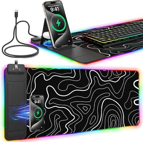 RGB Mouse Pad with Foldable Phone Stand & Wireless Charger, 31.5"x11.8" XL Gaming Mousepad Large Desk Mat, Desk Pad with Dual Charging for Phone & AirPods | 11 Colors & 5 Modes | Waterproof in Kuwait