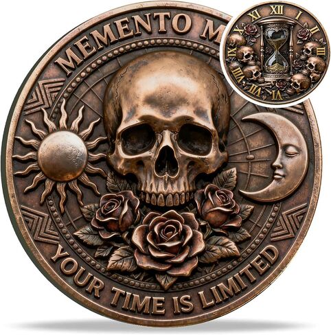 عملة Memento Mori - عملة تحدي الجمجمة والساعة الرملية من Time Stoic Challenge - هدايا Momento Mori Stoicism مع حافظة واقية شفافة، لمسة نهائية عتيقة in Kuwait