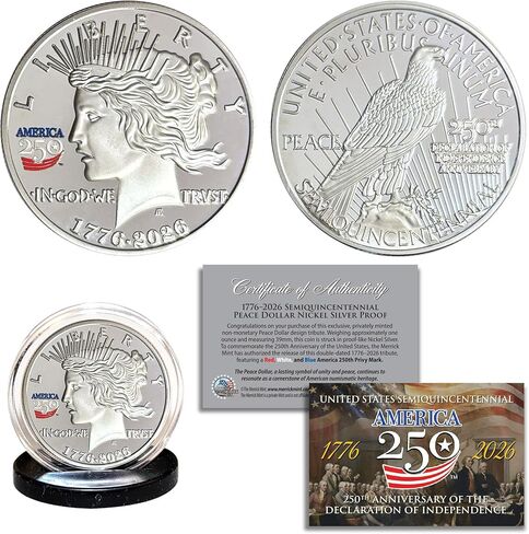 Proud Patriots America 250th Anniversary Peace Dollar Nickel Proof Coin – 1776-2026 Double-Dated Tribute with Red, White & Blue Privy Mark – 39mm Non-Monetary Collectible in Saudi Arabia