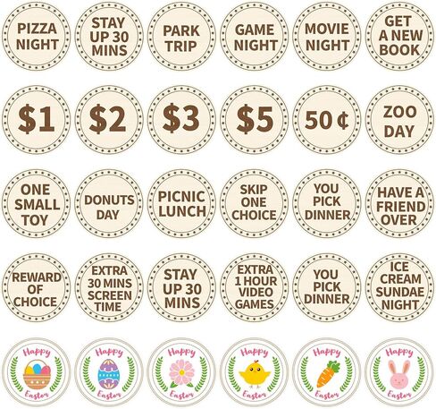 Jansun 24PCS Easter Egg Tokens, Easter Egg Fillers Wooden Easter Reward Tokens Coins with Engraved Sayings Basket Stuffers Fillers for Family Hunt Easter Activities Party Favors in Saudi Arabia