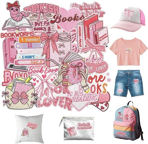 23PCS Pink Book Lover Embroidery Patches Iron On Aesthetic Reading Quote Bookish Applique for Jackets Bags Hats DIY Clothing Accessories in Kuwait