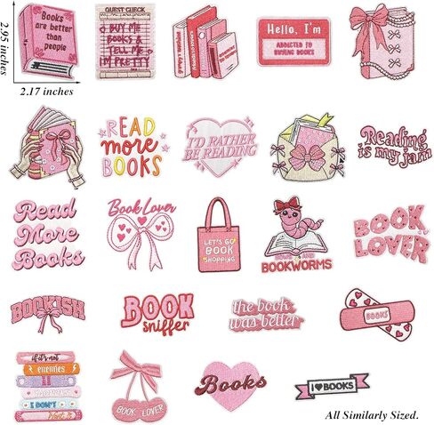 23PCS Pink Book Lover Embroidery Patches Iron On Aesthetic Reading Quote Bookish Applique for Jackets Bags Hats DIY Clothing Accessories in Kuwait