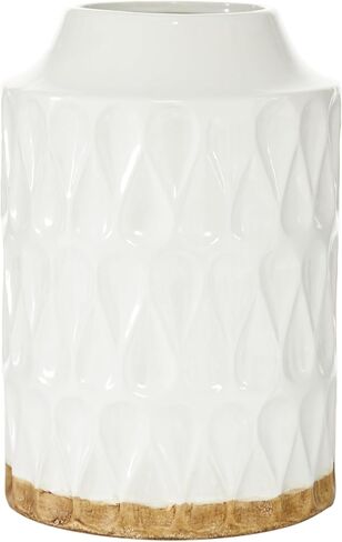 Deco 79 Porcelain Ceramic Geometric Decorative Vase Centerpiece Vase with Brown Base, Flower Vase for Home Decoration 8" x 8" x 16", White in Saudi Arabia
