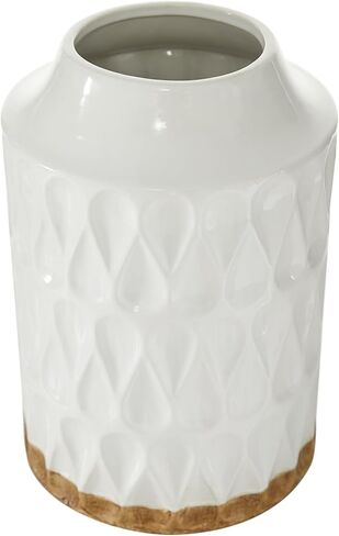 Deco 79 Porcelain Ceramic Geometric Decorative Vase Centerpiece Vase with Brown Base, Flower Vase for Home Decoration 8" x 8" x 16", White in Saudi Arabia
