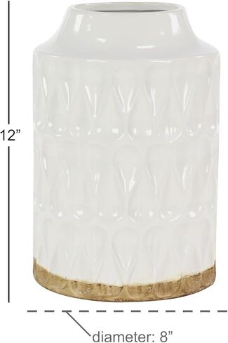 Deco 79 Porcelain Ceramic Geometric Decorative Vase Centerpiece Vase with Brown Base, Flower Vase for Home Decoration 8" x 8" x 16", White in Saudi Arabia