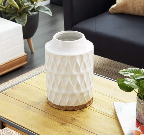 Deco 79 Porcelain Ceramic Geometric Decorative Vase Centerpiece Vase with Brown Base, Flower Vase for Home Decoration 8" x 8" x 16", White in Saudi Arabia