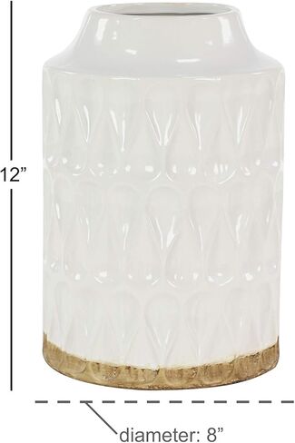Deco 79 Porcelain Ceramic Geometric Decorative Vase Centerpiece Vase with Brown Base, Flower Vase for Home Decoration 8" x 8" x 16", White in Saudi Arabia