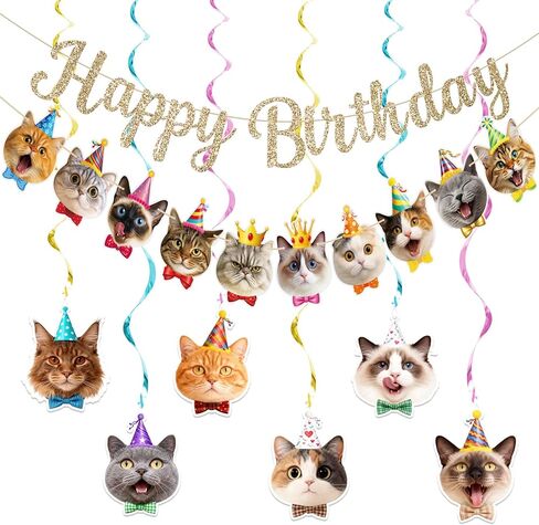 Alynta Cat Happy Birthday Banner Pre-Strung Cat Birthday Party Decorations NO DIY Gold Glitter Happy Birthday Sign Hanging Swirls for Women Men Birthday Party Supplies in Saudi Arabia