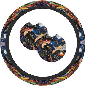 Moon and Dragon 3 Pcs Steering Wheel Cover Decoration Set with 2 Coasters, Universal Non-Slip and Comfortable car Interior Set– Fits 14.5-15 Inch Steering Wheels Cover for Cars, SUVs, and Trucks in Saudi Arabia
