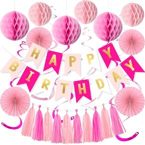 Pink Birthday Decorations Set for Women Girls Happy Birthday Banner Honeycomb Balls Paper Fans Hanging Swirl Streamers Tassels Complete Pink Birthday Party Decor Supplies in Saudi Arabia