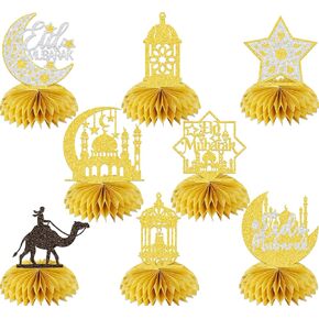 8Pcs Umrah Mubarak Honeycomb Centerpiece Eid Mubarak Table Decorations for Happy Eid Party Decor Muslim Islam Festival Party Decorations Supplies Gold Glitter in Saudi Arabia