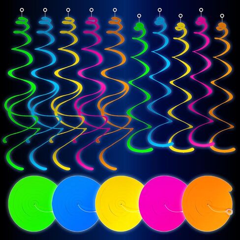 HonuGoGo 48ct Fluorescent Neon Hanging Swirl Decorations, 5-Color Paper Swirls Glow in Blacklight, Ceiling and Wall Decorations for Birthday, Festival, School Dance, and Glow-in-the-Dark Celebrations in Saudi Arabia