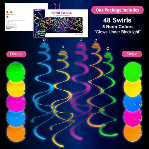 HonuGoGo 48ct Fluorescent Neon Hanging Swirl Decorations, 5-Color Paper Swirls Glow in Blacklight, Ceiling and Wall Decorations for Birthday, Festival, School Dance, and Glow-in-the-Dark Celebrations in Saudi Arabia