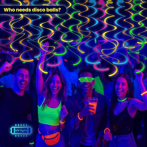 HonuGoGo 48ct Fluorescent Neon Hanging Swirl Decorations, 5-Color Paper Swirls Glow in Blacklight, Ceiling and Wall Decorations for Birthday, Festival, School Dance, and Glow-in-the-Dark Celebrations in Saudi Arabia