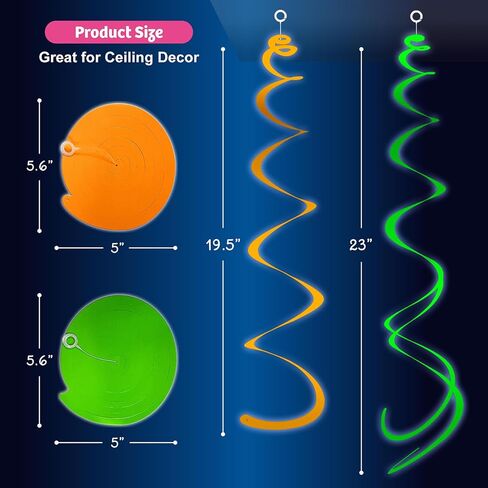 HonuGoGo 48ct Fluorescent Neon Hanging Swirl Decorations, 5-Color Paper Swirls Glow in Blacklight, Ceiling and Wall Decorations for Birthday, Festival, School Dance, and Glow-in-the-Dark Celebrations in Saudi Arabia