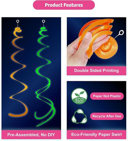 HonuGoGo 48ct Fluorescent Neon Hanging Swirl Decorations, 5-Color Paper Swirls Glow in Blacklight, Ceiling and Wall Decorations for Birthday, Festival, School Dance, and Glow-in-the-Dark Celebrations in Saudi Arabia