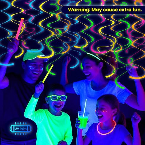 HonuGoGo 48ct Fluorescent Neon Hanging Swirl Decorations, 5-Color Paper Swirls Glow in Blacklight, Ceiling and Wall Decorations for Birthday, Festival, School Dance, and Glow-in-the-Dark Celebrations in Saudi Arabia